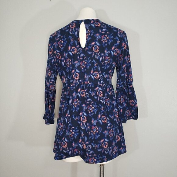 Absolutely Famous Blue Long Sleeve Floral Keyhole Peek A Boo Top Blouse - Picture 2 of 2